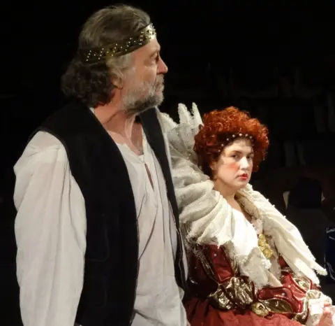 Fairbanks Shakespeare Theatre Company Bruce Rogers as Shakespeare and Carey Seward as Queen Elizabeth I, in 2013