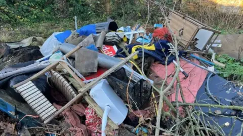 Domestic items, such as a toilet, wooden chair, bin, clothing and a rug, fly-tipped in a rural setting