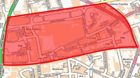 Northamptonshire Police An area of a map is highlighted in red which indicates the streets that Pink cannot be on. 