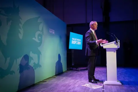 Getty Images Nigel Farage stood at a podium in front of a banner that says "Wales Needs Reform", with the party logo that has an arrow in the O letter.