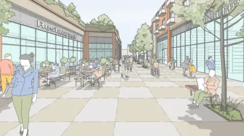 Newark and Sherwood District Council Artist's impression of new development in Ollerton with a restaurant and library either side of a checked pedestrian area