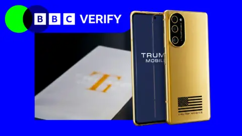 The T1 phone rom Trump Mobile against blue and green BBC Verify branding