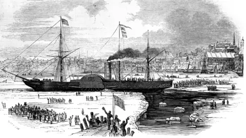 Getty Cunard Line's first transatlantic liner Britannia leaving Boston, Massachusetts, USA, 1847