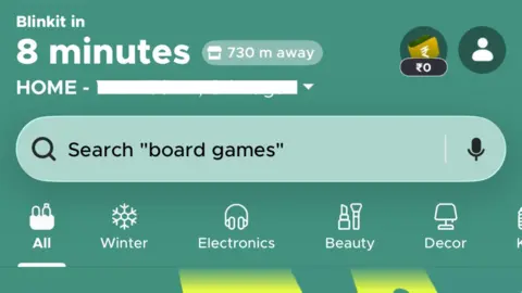 A screengrab of the landing screen of blinkit showing it will take 8 mins to deliver an order from a store that is 730m away