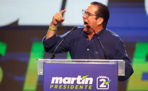 EPA Presidential candidate for the Popular Party (PP) and former President, Martin Torrijos, speaks during the closing event of his campaign in Panama City, Panama, 27 April 202