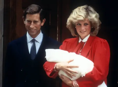 PA The Prince and Princess of Wales following the birth of their second son, Prince Harry in 1984