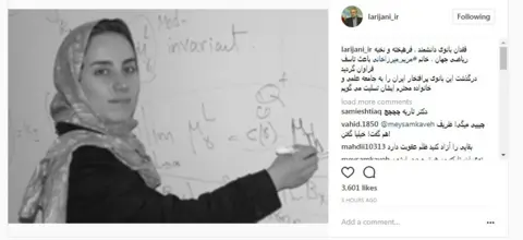 Instagram Speaker Ali Larijani who said on his Instagram page: "the loss of the scientist, elite and genius lady of the world's maths, Ms #Maryam Mirzakhani caused a great deal of regret".
