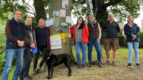 George Carden/BBC Seven people and a black dog stand beside a large oak tree. The tree has signs and posters on it, including a ribbon and one sign that reads: "This is not just one tree, it's a whole ecosystem". 