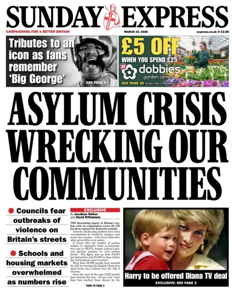 "Asylum crisis wrecking our communities" reads the front page of the Sunday Express, with a picture of George Foreman in the top left corner wearing padded headgear in a black and white picture of the boxer from his days fighting in the ring. 