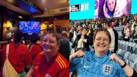 Nicola Chapman Two photos of Nicola. She is smiling in both and wearing a Wales shirt in a pub in one and a England shirt in a stadium in the other. Nicola has short brown hair and glasses.