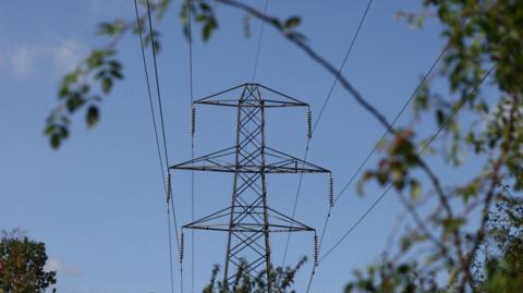 Stock image shows electricity pylon through fields
