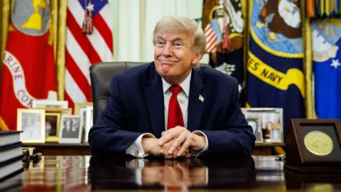 US President Donald Trump smiles while sitting at the Resolute Desk