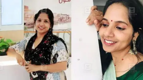 Union of UK Malayalee Associations Ms Renjitha is pictured in two photos smiling and wearing traditional costumes. In one she stands with her elbow resting on furniture and in the other she is looking around the corner of a wall.