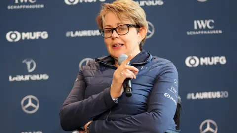 Getty Images Laureus Academy Member Tanni Grey-Thompson speaks on stage during the Laureus Olympians Press Event at the Mercedes Benz Building prior to the Laureus World Sports Awards on February 17, 2020 in Berlin, Germany.