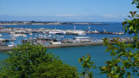 BBC A distant shot of St Peter Port harbour with Condor ferry berthed. There are different sized vessels on the water and branches with green leaves near the lens on the right, as well as a tree on the left. 