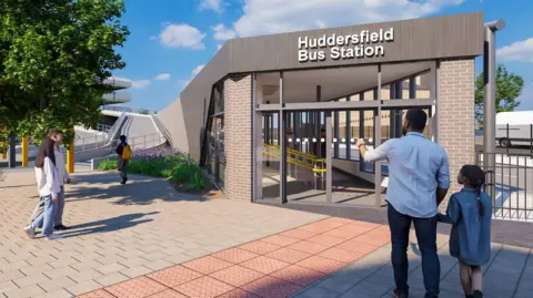 An artist's impression of the new entrance to the bus station. There are people and trees outside the grey-brick building. A set of double doors lead into the building.