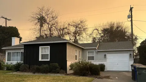 Danny Meigh A bungalow surrounded by bushes, trees and a front lawn in front of a yellow/orange sky.