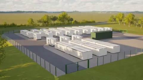 Balance Power A digitally-generated design of the battery storage site, comprising white rectangular block buildings in parallel on grey hardstanding, surrounded by green fencing and fields 