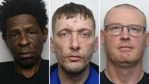 Northamptonshire Police Police mugshots of Kent George, Mervyn Foster and Peter King. George is in a black shirt, Foster is in a blue and black shirt and King - who is wearing eye glasses - is also in a black shirt.