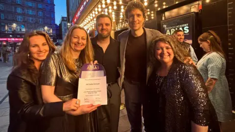 Emma Clements, Daniel Pascoe, Emma Gill and Tiffany Truscott from BBC Radio Cornwall with Greg James from BBC Radio 1
