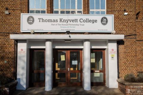 The doors to Thomas Knyvett College in Ashford, Surrey