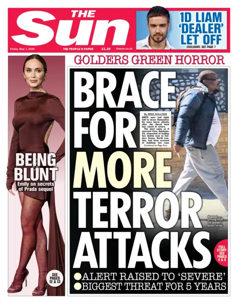 The headline on the front page of the Sun reads: “Brace for more terror attacks”.