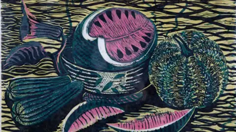 Compton Verney A piece of work by Enid Marx. It is a colourful woodcut print featuring watermelons and gourds. 