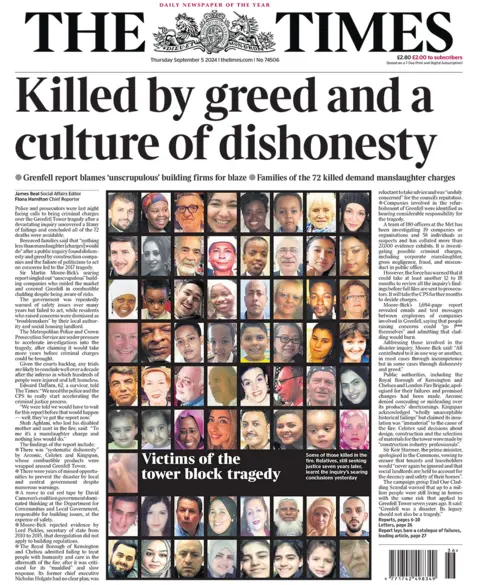 The headline in the Times reads: "Killed by greed and a culture of dishonesty". 