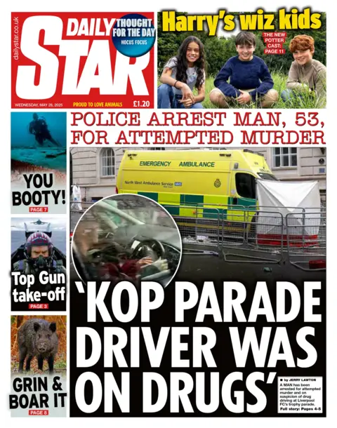The Daily Star's headline reads "Kop parade driver was on drugs."