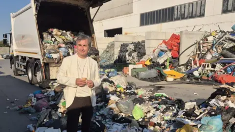 Roberto Nicola Toscano Roberto Nicola Toscano standing in front of a heap of trash. There is a garbage truck in the background
