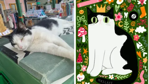 CatcalledFargo/ Martha King Slaye Two images, in a photograph Murphy is sitting on a car at Fargo Village in front of a mural. The second image is an artistic impression of him wearing a crown which will be used on merchandise.