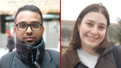 Splitscreen. On the left, a man in a thermal jacket with glasses. On the right, a woman smiles into the camera.