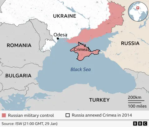 Map showing the Black Sea and the surrounding countries, with the region of Crimea detailed in red