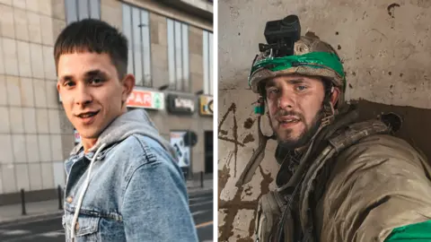 Viktor when he was younger in a denim top and now in uniform