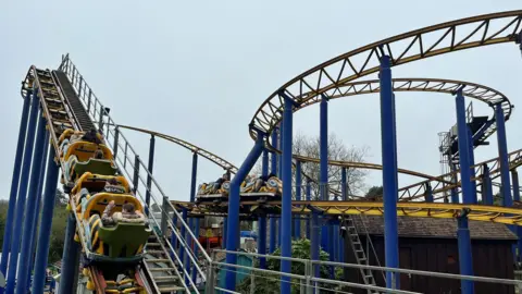 Rollercoaster with carriages that look like the heads of hornets and people sitting inside