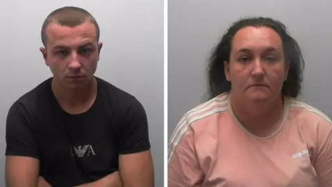 North Yorkshire Police Mugshots of Jay Baxter, who has a shaven head and is wearing a black t-shirt, and Sian Roe, who has long brown hair and is wearing a pink Adidas top.