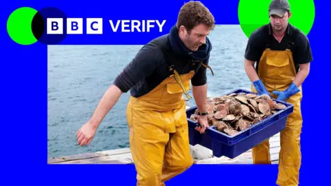 Two fishermen holding a box of shellfish.