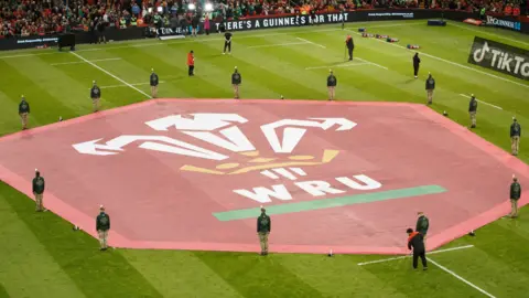 Welsh Rugby Union logo on Principality Stadium ground