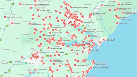Google A map showing all the google check ins of Barclay, many around Suffolk and Essex