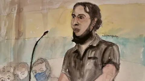 Elisabeth de Pourquery/FranceTele/Reuters Sketch by Elisabeth de Pourquery/France Televisions shows defendant Salah Abdeslam during trial at Paris courthouse