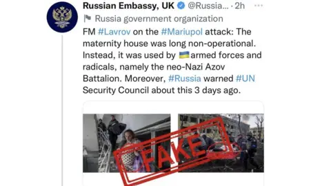 Screengrab from the account of the Russian Embassy in the UK - the fake claim was removed by Twitter