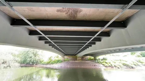 The underside of the Over Bridge in Gloucestershire. There is water beneath the bridge and shrubbery on the banks. There is damage to the underneath of the bridge.