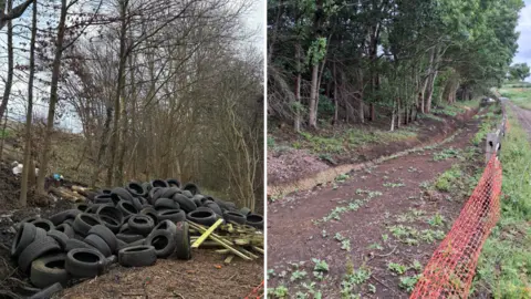 National Highways Two images of the same area of land, put together, the image on the left shows a large amount of tyres piled up, with other rubbish, and the image on the right, shows no rubbish, foliage on the ground and a row of trees. There is a red plastic barrier to the right. 