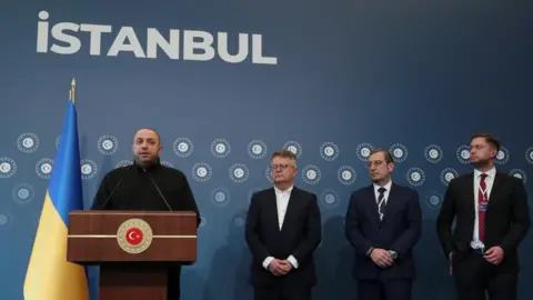 Ukraine's negotiating team at a news briefing in Istanbul, Turkey. Photo: 2 June 2025