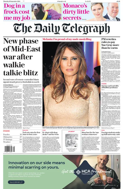 The Daily Telegraph header  reads "new signifier   of Mid-East warfare  aft  walkie talkie blitz"