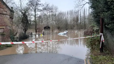 A car is almost fully submerged in a park area 