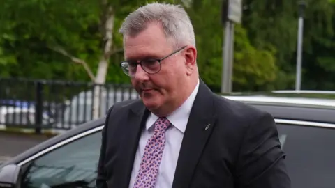 PA Media Jeffrey Donaldson, he has grey hair and is wearing glasses, a dark suit, white shirt and pink tie, with a fish pin on his blazer.