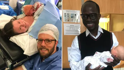 NUH New mother Rebecca, left, after the operation with her husband Greg, and surgeon Mr Jafaru Abu with Everleigh Grace