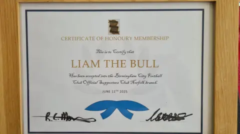 A framed adoption certificate that says certificate of honorary membership of Liam the Bull. 