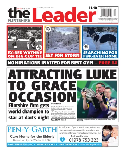 Flintshire Leader Front page of Flintshire Leader. Main headline reads: Attracting Luke to grace occasion. Other headlines read: Set for storm; Ex Red Waynne on big cup tie. 